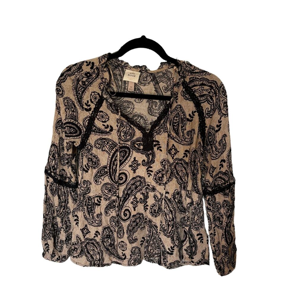 Knox Rose Paisley Boho Bohemian Cream Black Top Women's Size XS